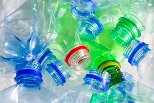 A close-up image showing multiple transparent plastic bottles with various coloured caps, including red, green, and blue. The bottles are crumpled and piled together, likely made from PET plastic, exhibiting a glossy and slightly wrinkled surface texture. The caps are tightly sealed and reflect light, creating highlights on their surfaces. The bottles appear to be discarded, possibly collected for recycling, and are arranged in a disorganized manner with some positioned horizontally and others leaning against each other. The background is out of focus, emphasizing the bottles and caps in the foreground. This scene relates to waste management or rubbish removal, consistent with services provided by Garden Clearance Colindale, especially within the local context of the area near Colindale and NW9 postcode. The visual emphasizes plastic waste that may be cleared away as part of garden clearance or rubbish disposal services in the London borough.